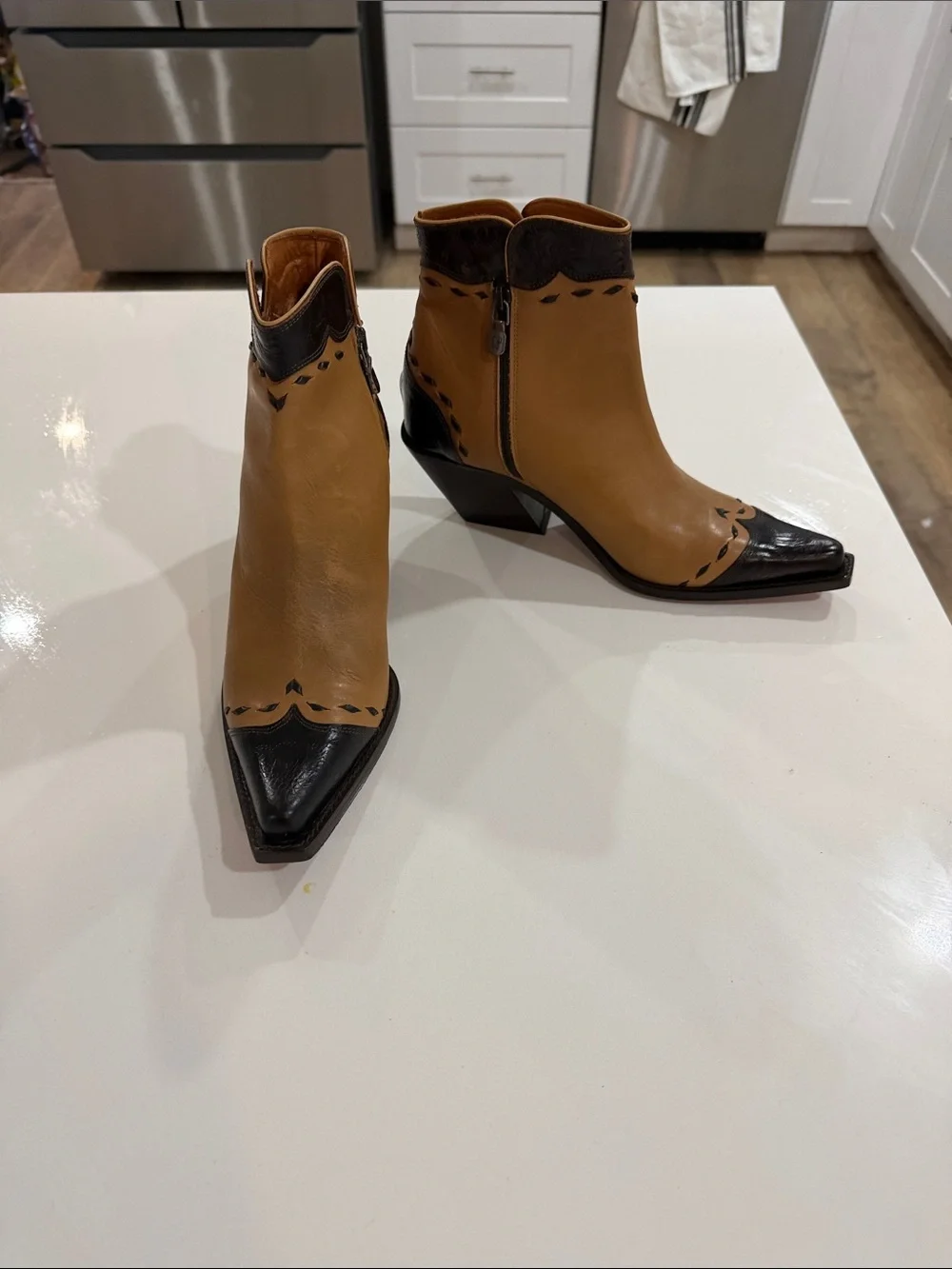 Donald J. Pliner Two-Tone Tan and Black Pointed Ankle Booties